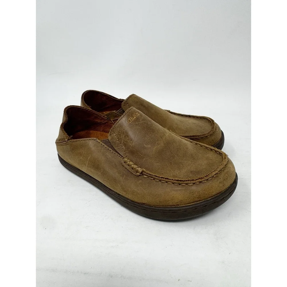 Olukai Moloa Boys Kids Size 1 B1 Leather Slip On Loafer Brown Shoes Moccasin